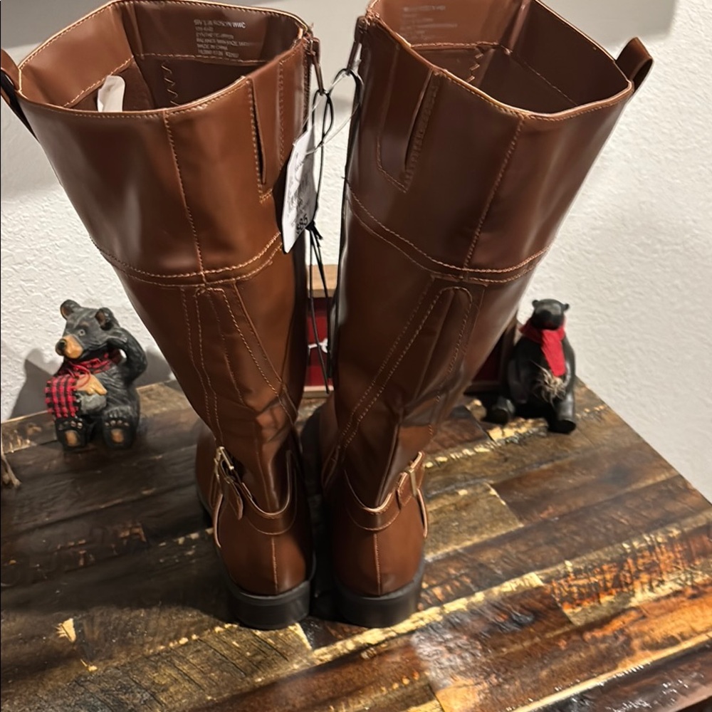 Brown Faux Leather Knee-High Riding Boots Wide Calf and Wide Width - Picture 3 of 6